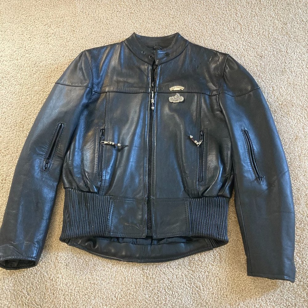 Harley Davidson Leather Motorcycle Coat Jacket Mens Small S Black Sportster Logo